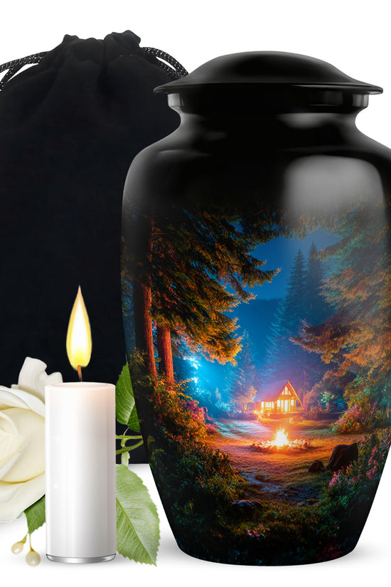 Rich Black Campfire Cremation Urn angled view of lid and engraved motif - classic sculpted campfire pattern on smooth aluminum - full-size 10 inch 200 cubic inch adult cremation urn