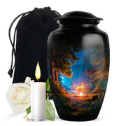 Rich Black Campfire Cremation Urn angled view of lid and engraved motif - classic sculpted campfire pattern on smooth aluminum - full-size 10 inch 200 cubic inch adult cremation urn