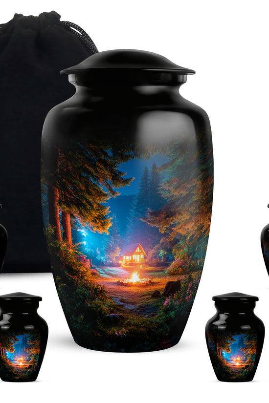 Midnight Black Campfire Cremation Urn top-down view of secure threaded lid - elegant classic campfire relief with fine detailing - memorial set with one large and four small urns