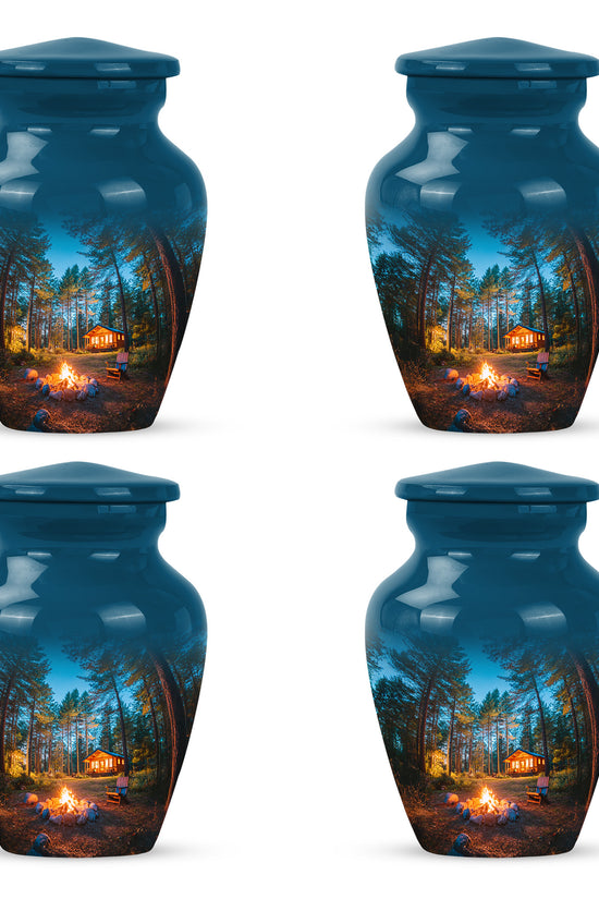 Azure Campfire Cremation Urn side profile showing urn shape - classic sculpted campfire pattern on smooth aluminum - 10 inch aluminum urn for cremated remains