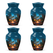 Azure Campfire Cremation Urn side profile showing urn shape - classic sculpted campfire pattern on smooth aluminum - 10 inch aluminum urn for cremated remains