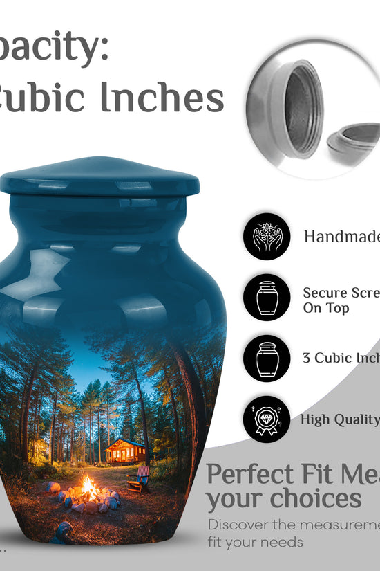 Steel Blue Campfire Cremation Urn close-up of engraving and surface detail - traditional campfire engraving with hand-polished finish - mini keepsake memorial for portion of cremation ashes