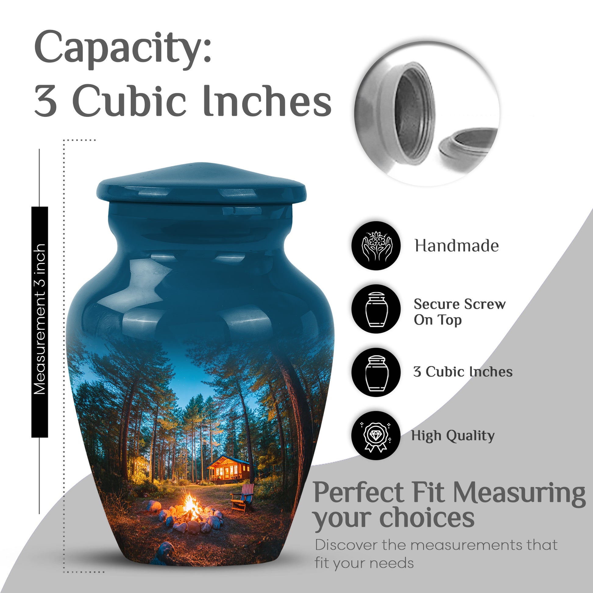 Steel Blue Campfire Cremation Urn close-up of engraving and surface detail - traditional campfire engraving with hand-polished finish - mini keepsake memorial for portion of cremation ashes