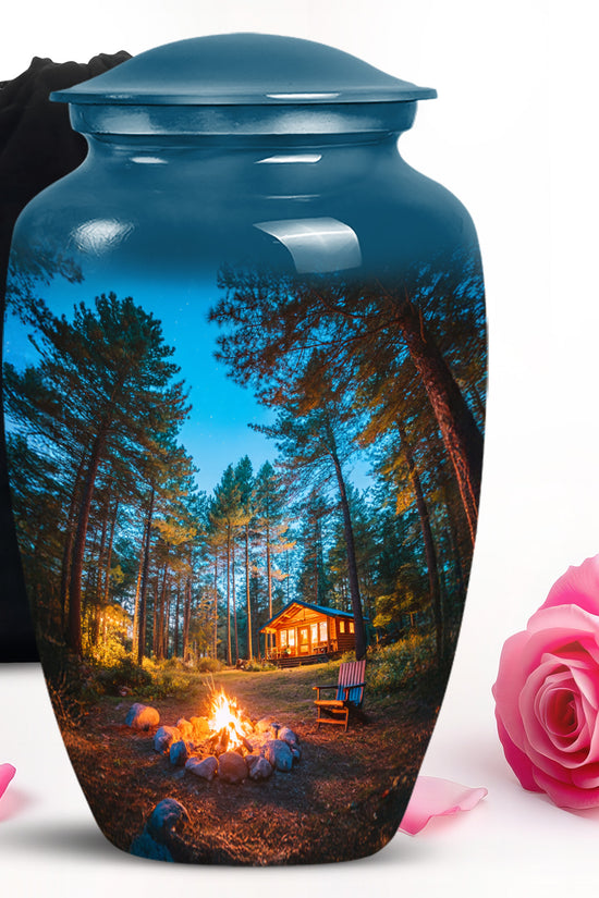 Sapphire Blue Campfire Cremation Urn angled view of lid and engraved motif - elegant classic campfire relief with fine detailing - full-size 10 inch 200 cubic inch adult cremation urn