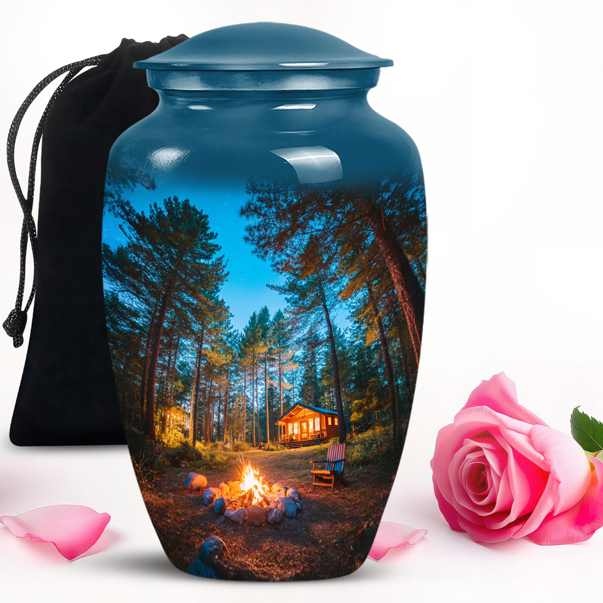 Sapphire Blue Campfire Cremation Urn angled view of lid and engraved motif - elegant classic campfire relief with fine detailing - full-size 10 inch 200 cubic inch adult cremation urn