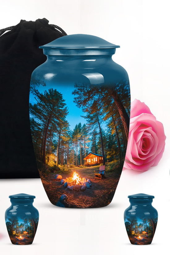 Cornflower Blue Campfire Cremation Urn top-down view of secure threaded lid - elegant classic campfire relief with fine detailing - memorial set with one large and four small urns