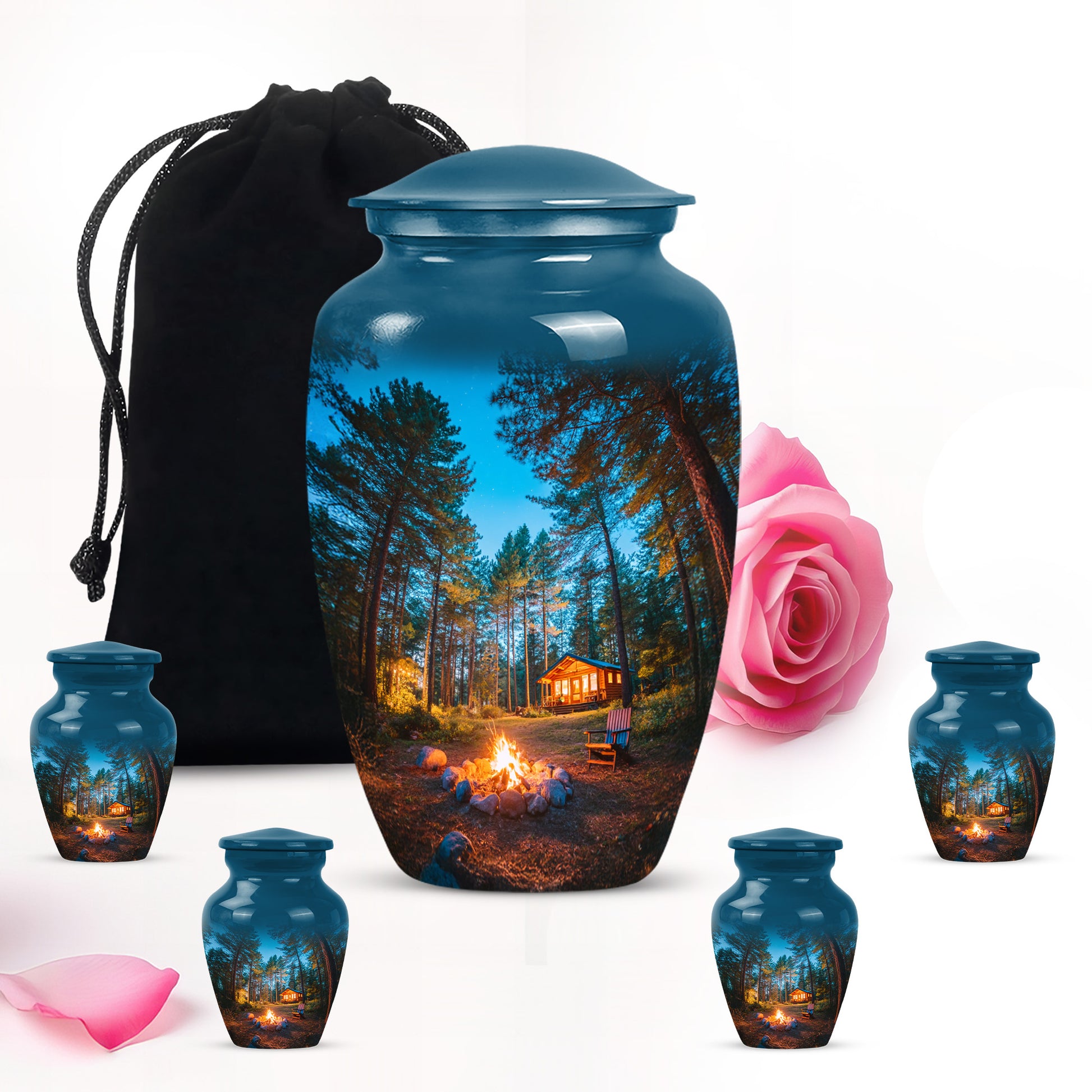 Cornflower Blue Campfire Cremation Urn top-down view of secure threaded lid - elegant classic campfire relief with fine detailing - memorial set with one large and four small urns