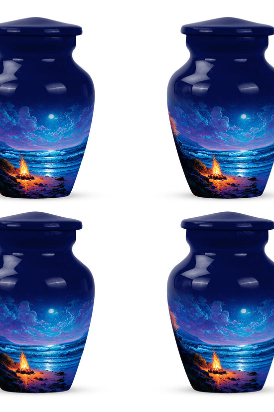 Cornflower Blue Campfire Cremation Urn side profile showing urn shape - traditional campfire engraving with hand-polished finish - 10 inch aluminum urn for cremated remains
