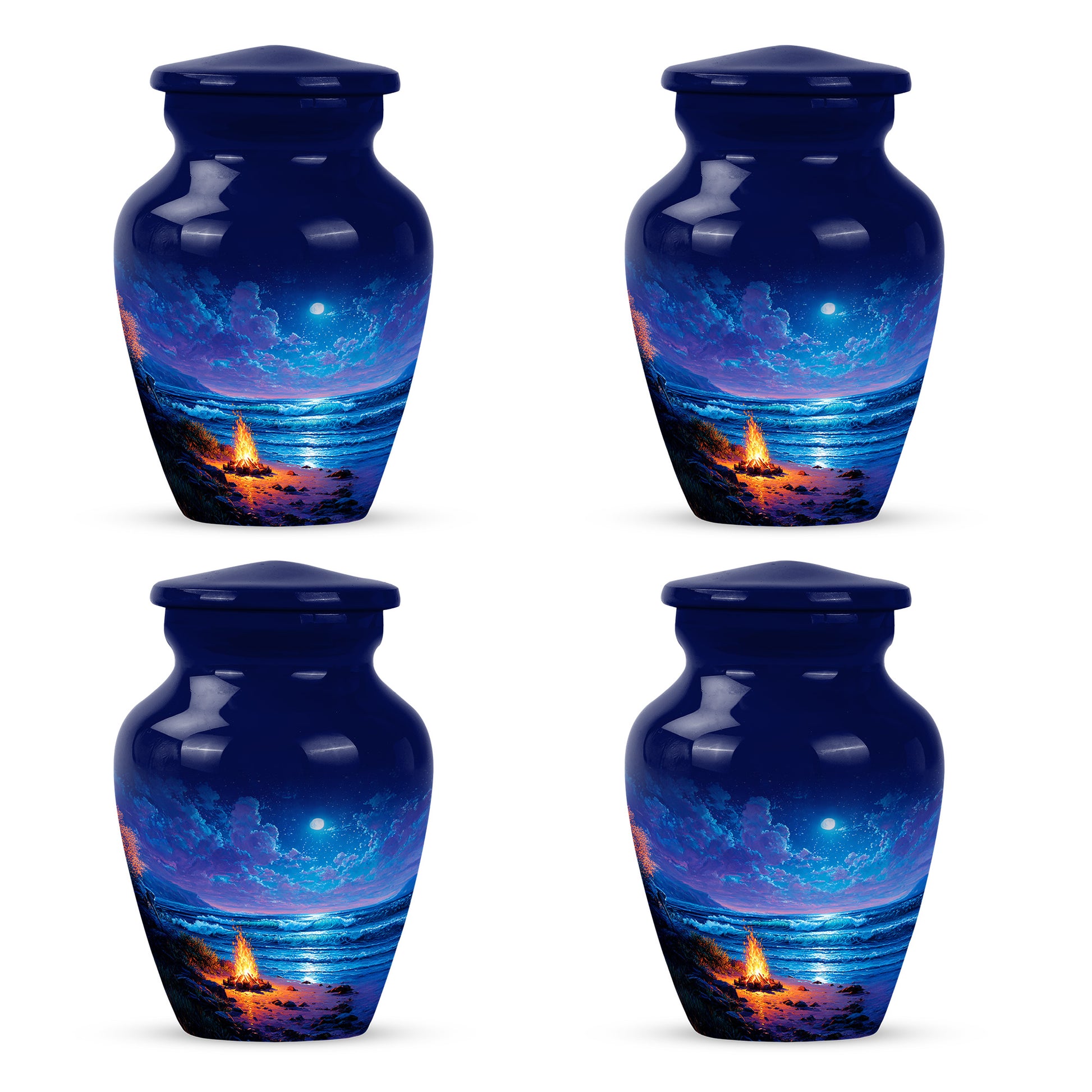 Cornflower Blue Campfire Cremation Urn side profile showing urn shape - traditional campfire engraving with hand-polished finish - 10 inch aluminum urn for cremated remains