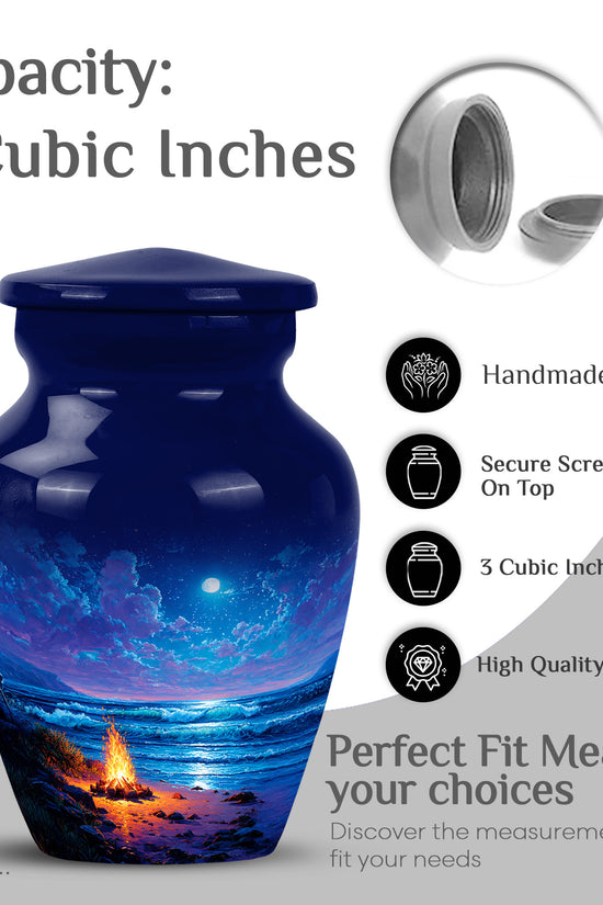 Sapphire Blue Campfire Cremation Urn close-up of engraving and surface detail - traditional campfire engraving with hand-polished finish - mini keepsake memorial for portion of cremation ashes