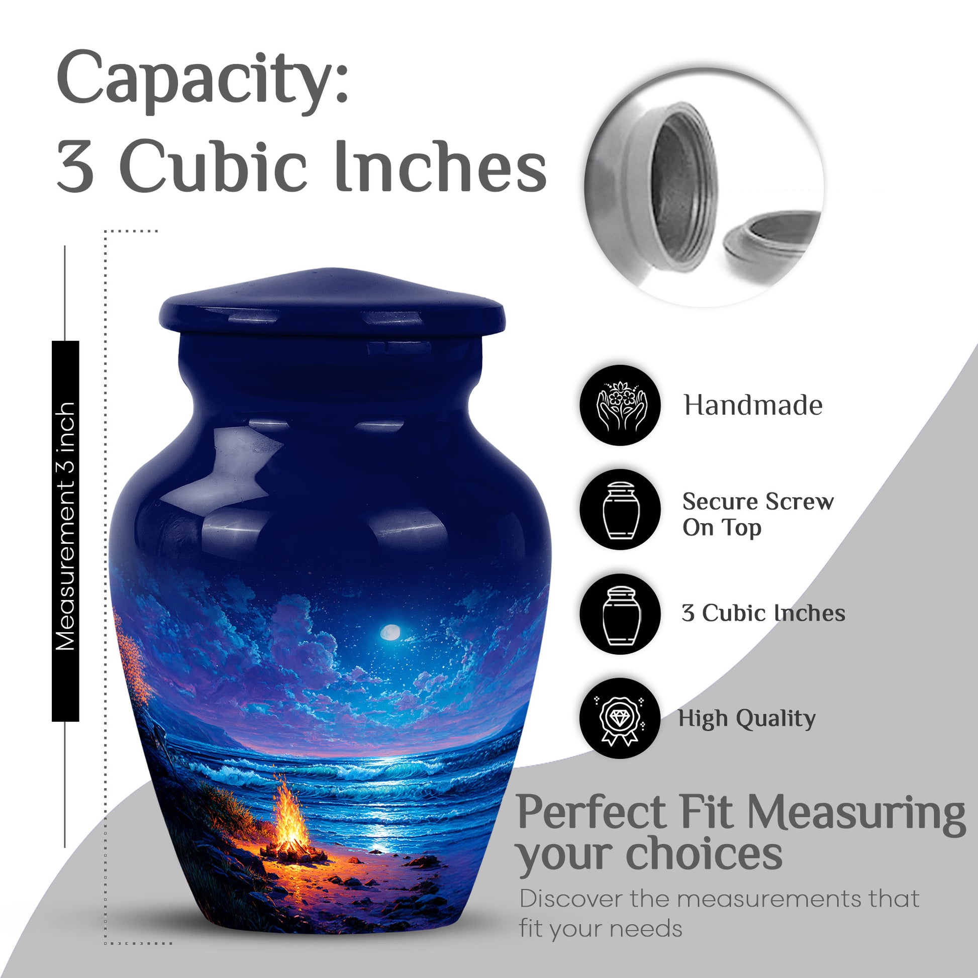 Sapphire Blue Campfire Cremation Urn close-up of engraving and surface detail - traditional campfire engraving with hand-polished finish - mini keepsake memorial for portion of cremation ashes