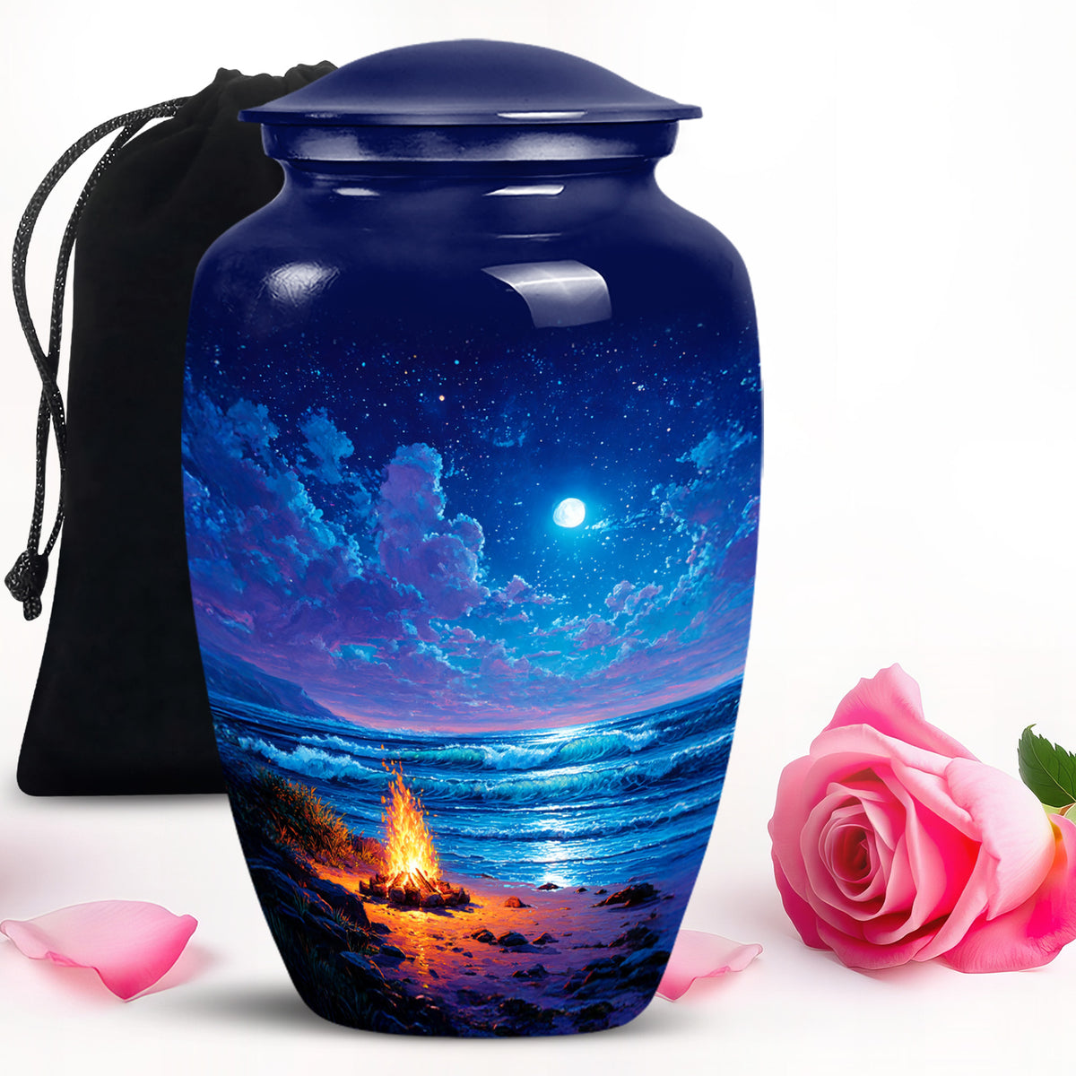 Powder Blue Campfire Cremation Urn angled view of lid and engraved motif - timeless campfire motif etched into premium metal - full-size 10 inch 200 cubic inch adult cremation urn