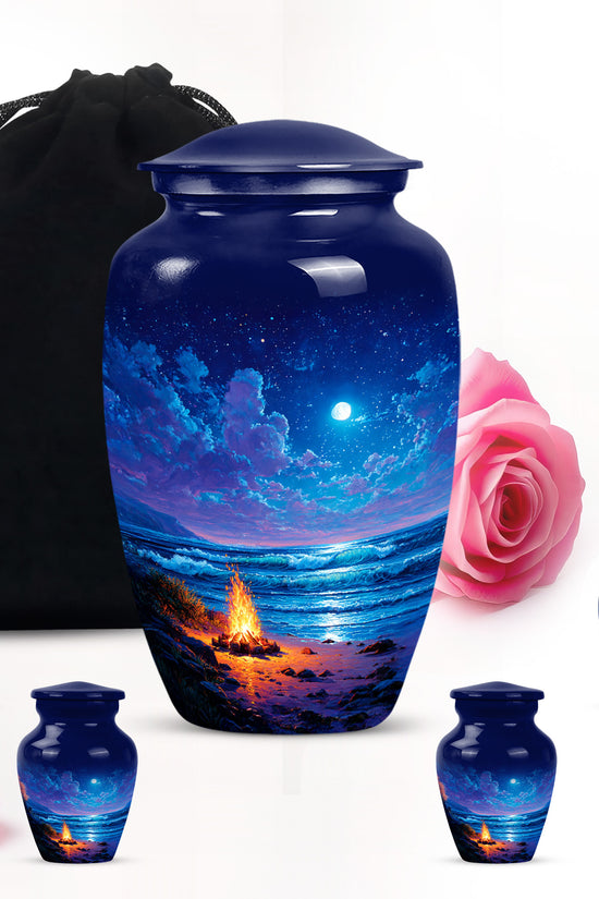 Serene Blue Campfire Cremation Urn top-down view of secure threaded lid - elegant classic campfire relief with fine detailing - memorial set with one large and four small urns
