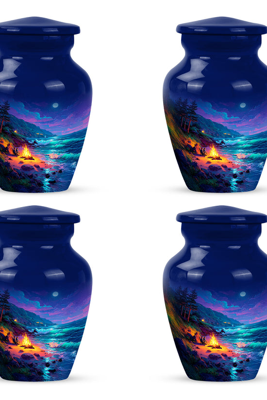 Pastel Blue Campfire Cremation Urn side profile showing urn shape - timeless campfire motif etched into premium metal - 10 inch aluminum urn for cremated remains