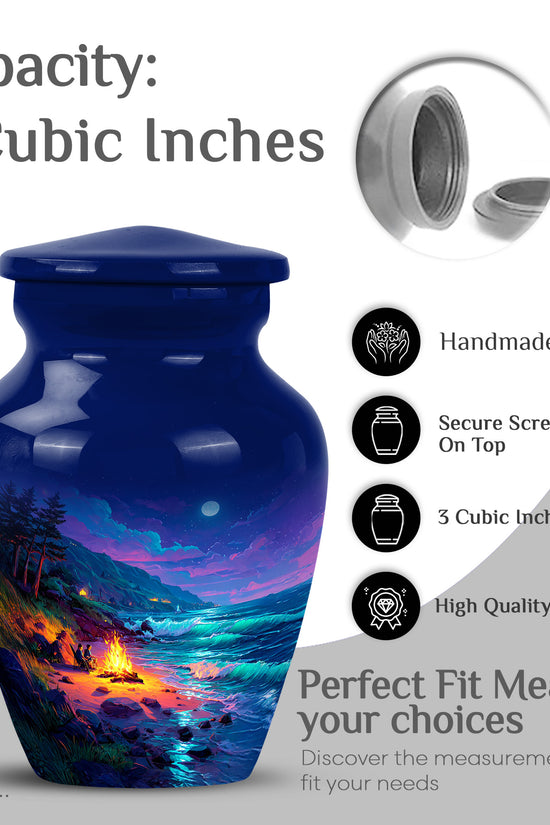 Royal Blue Campfire Cremation Urn close-up of engraving and surface detail - elegant classic campfire relief with fine detailing - mini keepsake memorial for portion of cremation ashes
