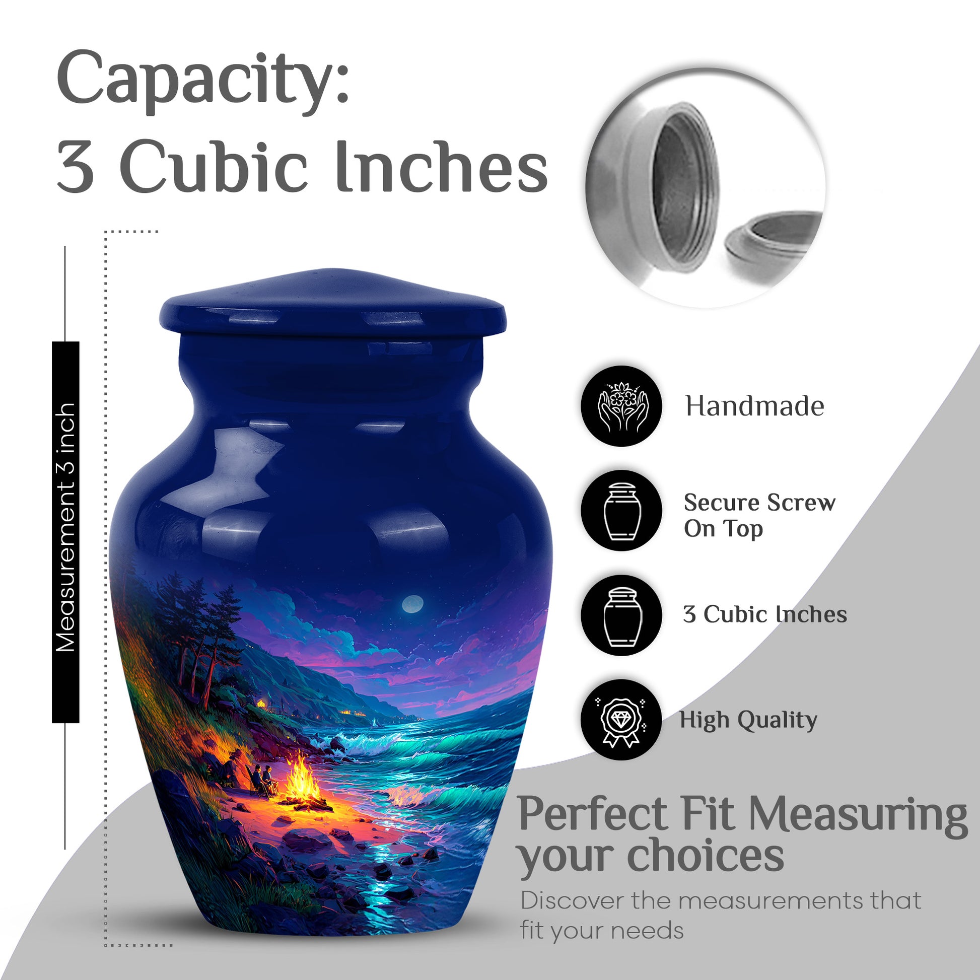 Royal Blue Campfire Cremation Urn close-up of engraving and surface detail - elegant classic campfire relief with fine detailing - mini keepsake memorial for portion of cremation ashes