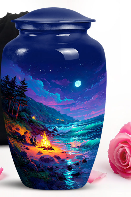 Pastel Blue Campfire Cremation Urn angled view of lid and engraved motif - classic sculpted campfire pattern on smooth aluminum - full-size 10 inch 200 cubic inch adult cremation urn