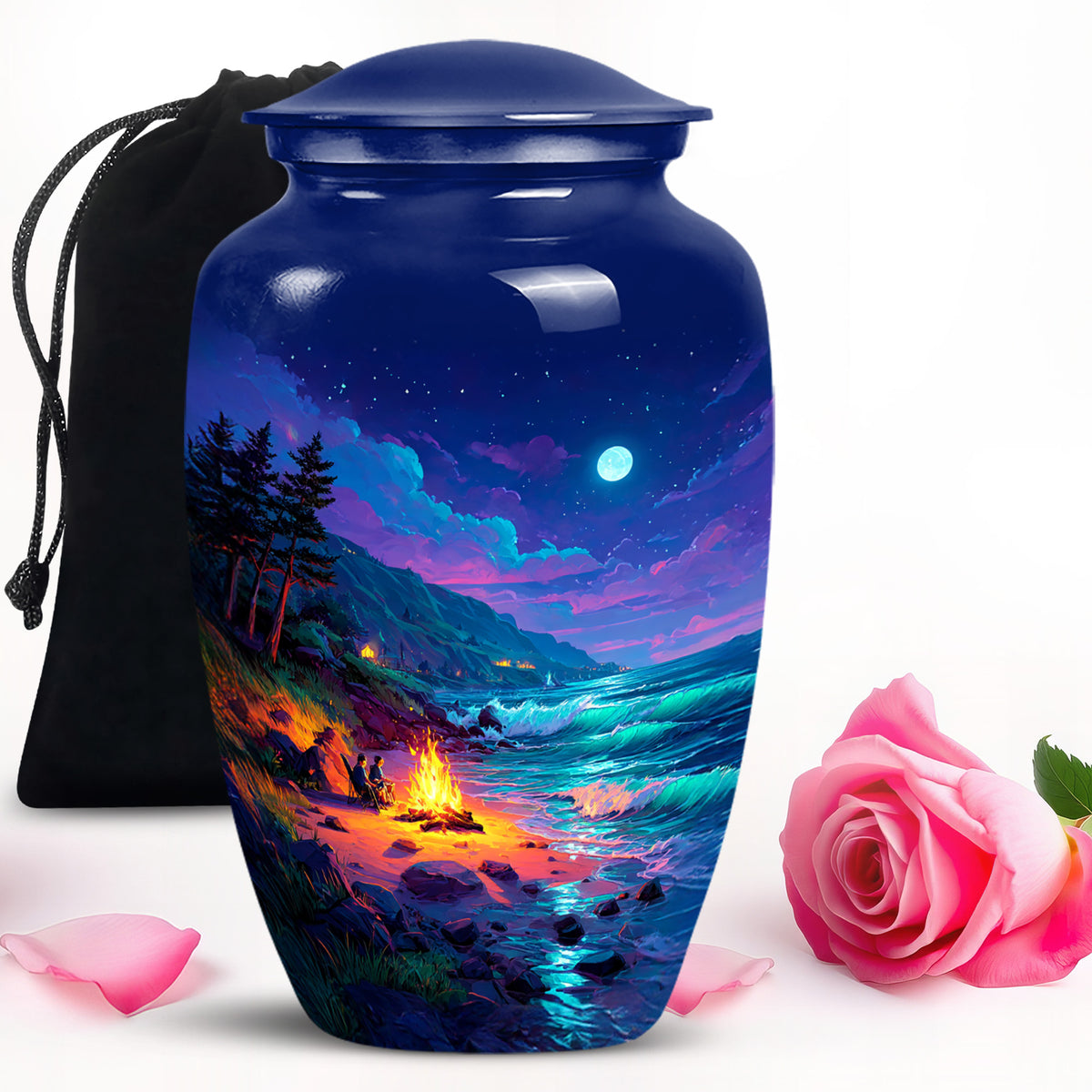 Pastel Blue Campfire Cremation Urn angled view of lid and engraved motif - classic sculpted campfire pattern on smooth aluminum - full-size 10 inch 200 cubic inch adult cremation urn