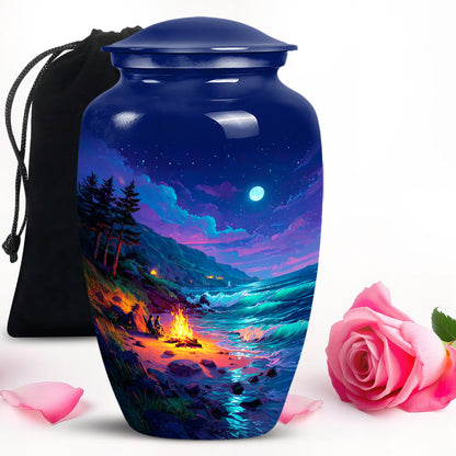 Pastel Blue Campfire Cremation Urn angled view of lid and engraved motif - classic sculpted campfire pattern on smooth aluminum - full-size 10 inch 200 cubic inch adult cremation urn