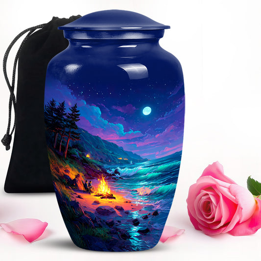 Pastel Blue Campfire Cremation Urn angled view of lid and engraved motif - classic sculpted campfire pattern on smooth aluminum - full-size 10 inch 200 cubic inch adult cremation urn