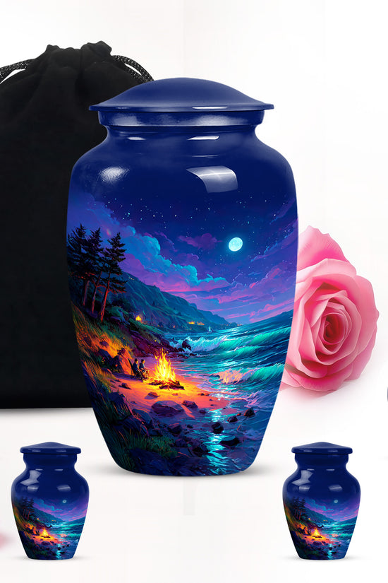 Dusty Blue Campfire Cremation Urn top-down view of secure threaded lid - classic sculpted campfire pattern on smooth aluminum - memorial set with one large and four small urns