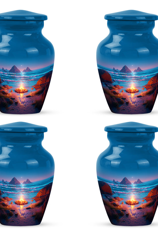 Royal Blue Campfire Cremation Urn side profile showing urn shape - traditional campfire engraving with hand-polished finish - 10 inch aluminum urn for cremated remains
