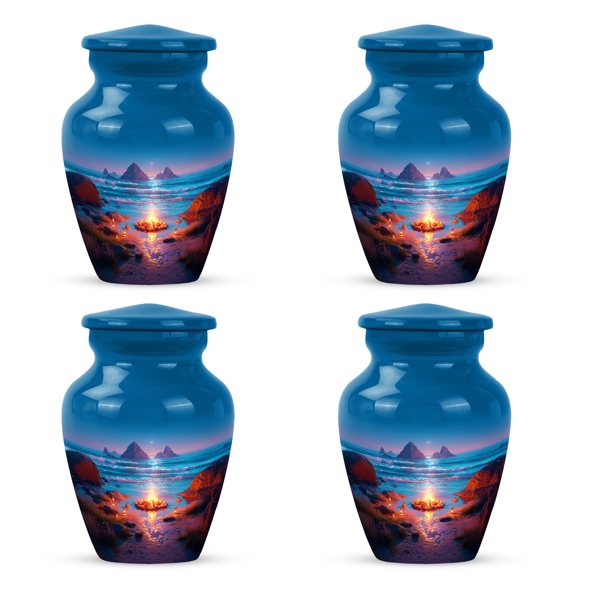 Royal Blue Campfire Cremation Urn side profile showing urn shape - traditional campfire engraving with hand-polished finish - 10 inch aluminum urn for cremated remains