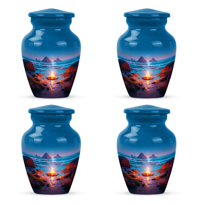 Royal Blue Campfire Cremation Urn side profile showing urn shape - traditional campfire engraving with hand-polished finish - 10 inch aluminum urn for cremated remains