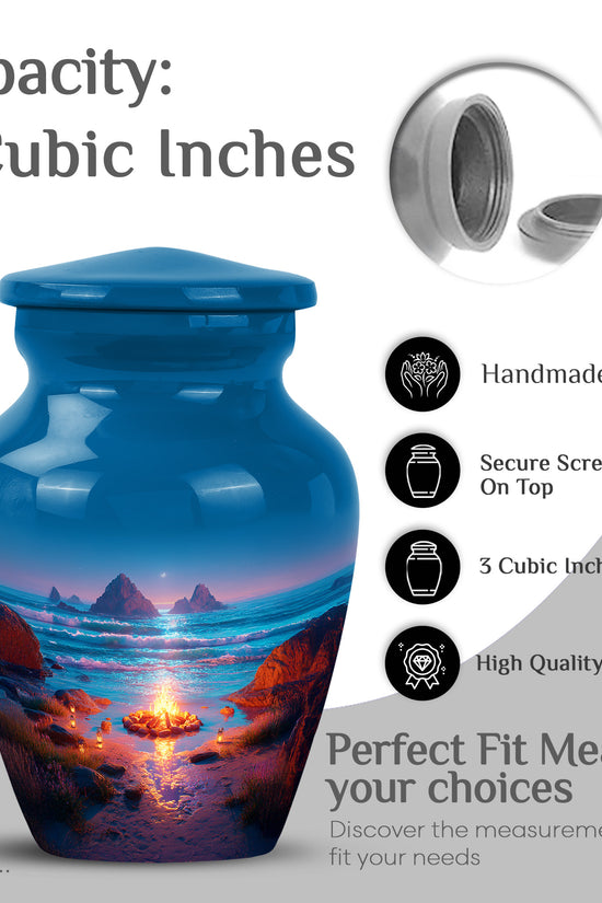Sky Blue Campfire Cremation Urn close-up of engraving and surface detail - timeless campfire motif etched into premium metal - mini keepsake memorial for portion of cremation ashes