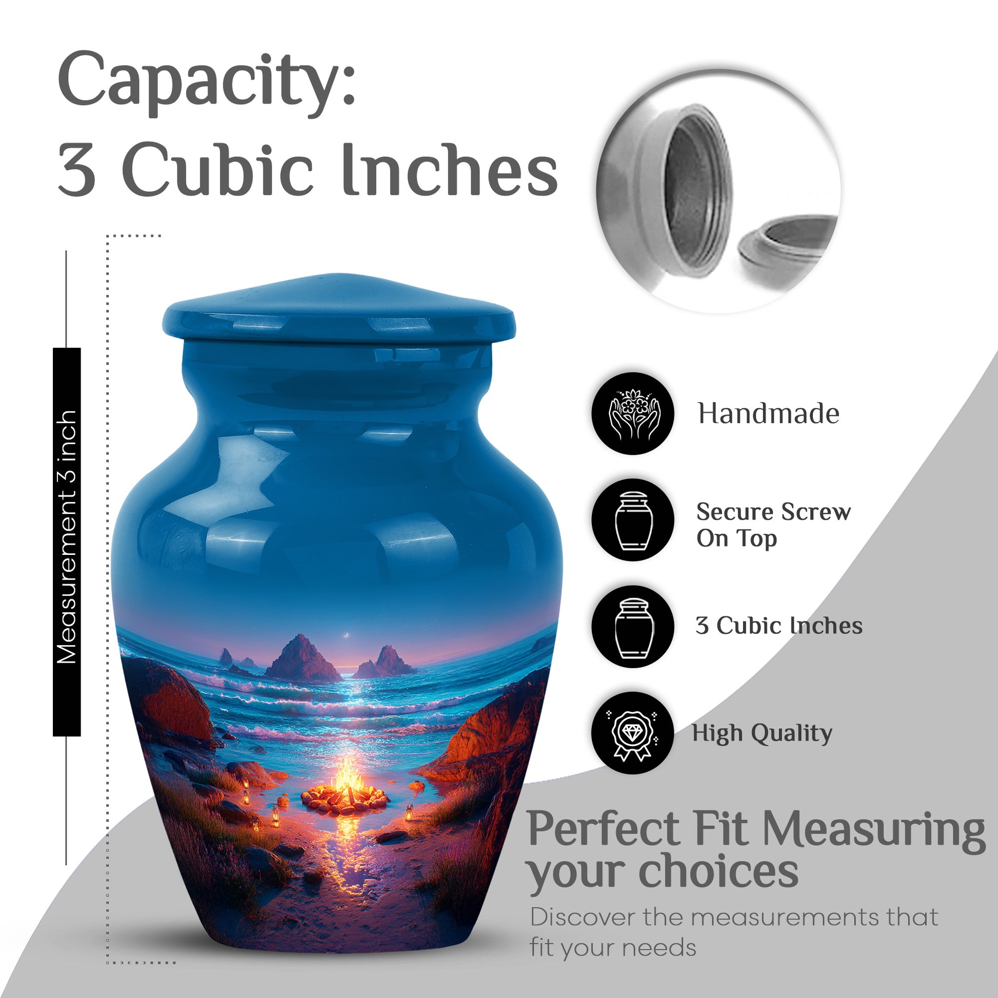 Sky Blue Campfire Cremation Urn close-up of engraving and surface detail - timeless campfire motif etched into premium metal - mini keepsake memorial for portion of cremation ashes