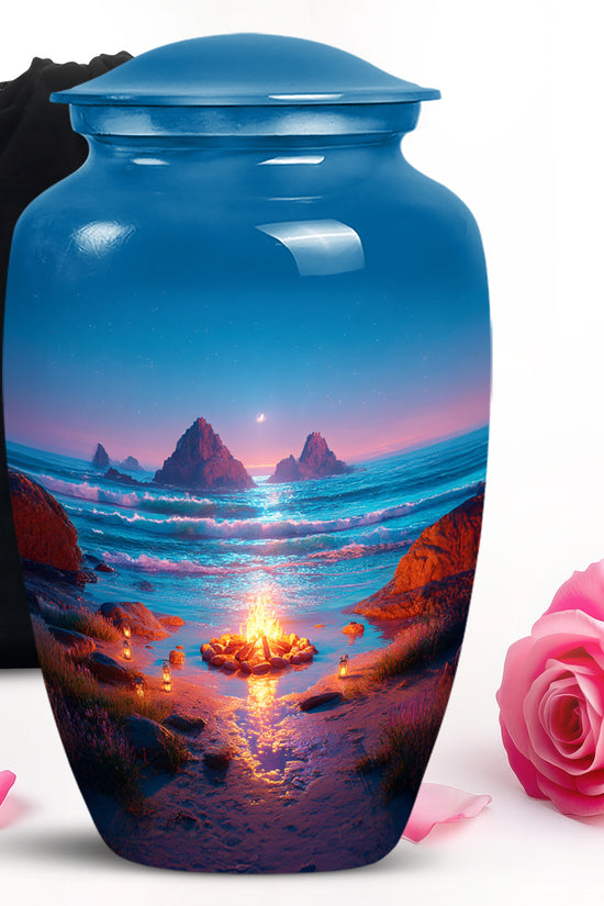 Bright Blue Campfire Cremation Urn angled view of lid and engraved motif - elegant classic campfire relief with fine detailing - full-size 10 inch 200 cubic inch adult cremation urn