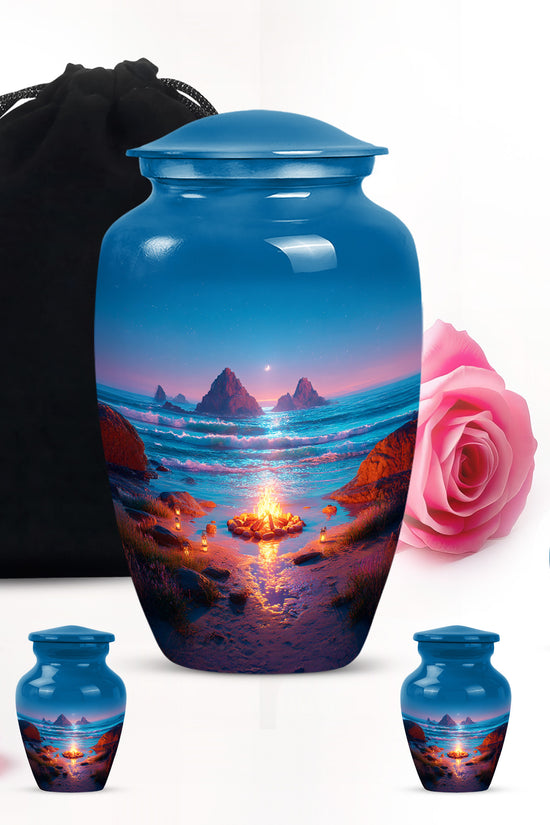 Powder Blue Campfire Cremation Urn top-down view of secure threaded lid - classic sculpted campfire pattern on smooth aluminum - memorial set with one large and four small urns