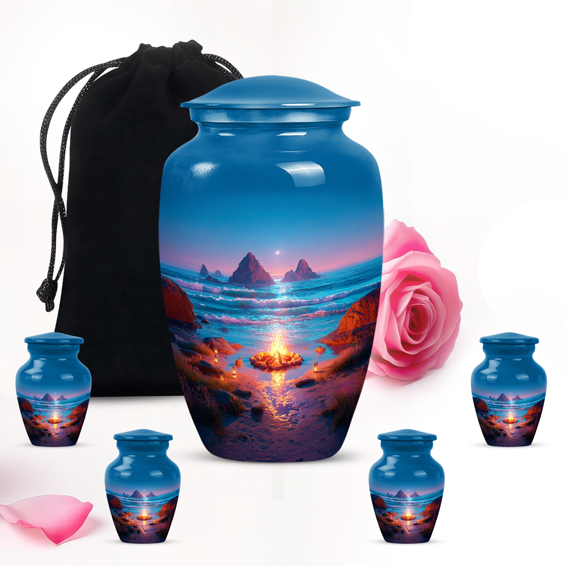 Powder Blue Campfire Cremation Urn top-down view of secure threaded lid - classic sculpted campfire pattern on smooth aluminum - memorial set with one large and four small urns