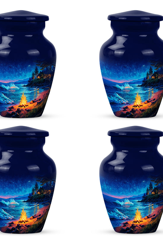 Cornflower Blue Campfire Cremation Urn side profile showing urn shape - elegant classic campfire relief with fine detailing - 10 inch aluminum urn for cremated remains
