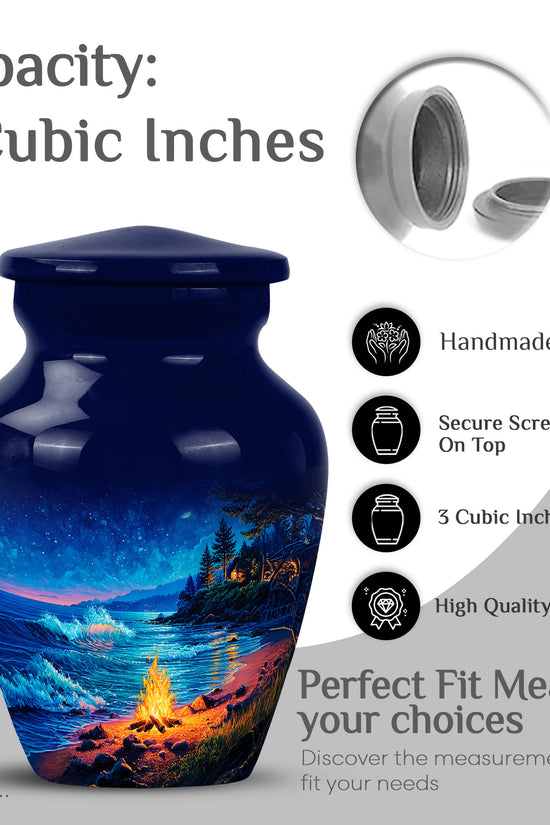 Bright Blue Campfire Cremation Urn close-up of engraving and surface detail - traditional campfire engraving with hand-polished finish - mini keepsake memorial for portion of cremation ashes