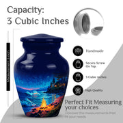Bright Blue Campfire Cremation Urn close-up of engraving and surface detail - traditional campfire engraving with hand-polished finish - mini keepsake memorial for portion of cremation ashes
