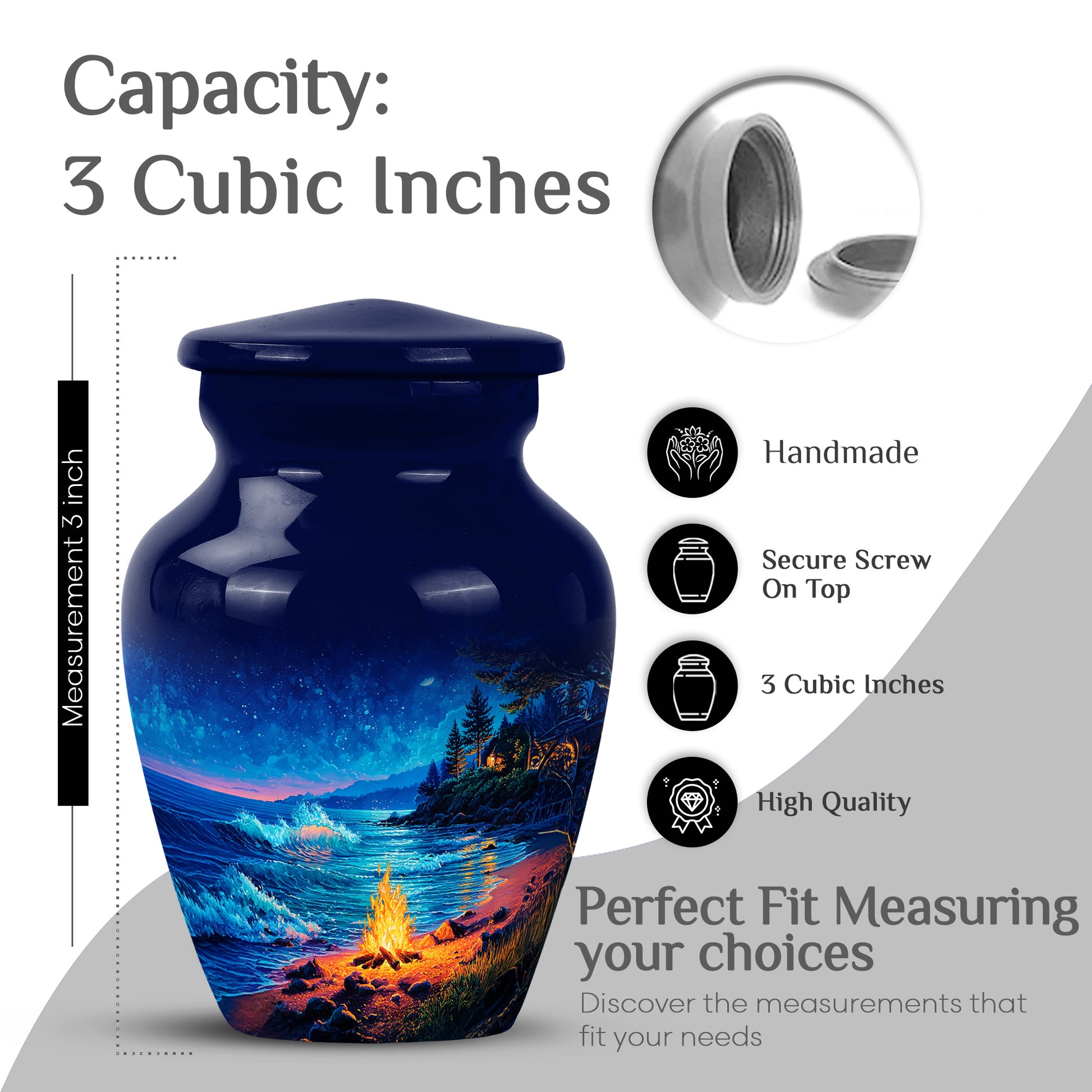Bright Blue Campfire Cremation Urn close-up of engraving and surface detail - traditional campfire engraving with hand-polished finish - mini keepsake memorial for portion of cremation ashes