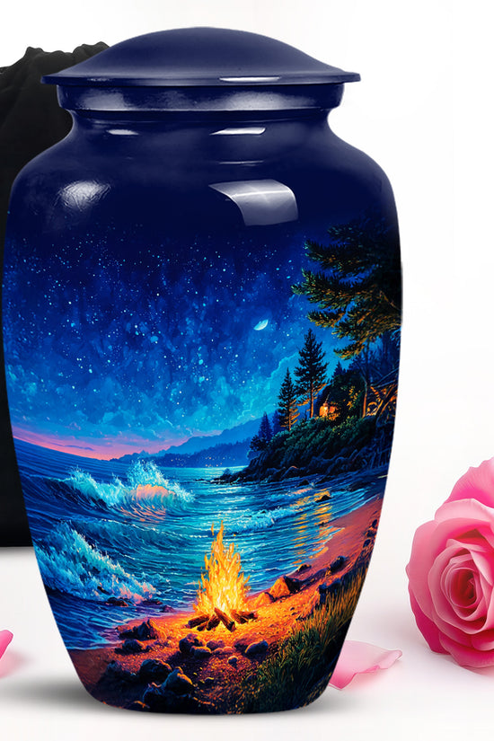 Cobalt Blue Campfire Cremation Urn angled view of lid and engraved motif - traditional campfire engraving with hand-polished finish - full-size 10 inch 200 cubic inch adult cremation urn