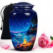 Cobalt Blue Campfire Cremation Urn angled view of lid and engraved motif - traditional campfire engraving with hand-polished finish - full-size 10 inch 200 cubic inch adult cremation urn