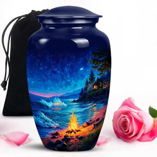 Cobalt Blue Campfire Cremation Urn angled view of lid and engraved motif - traditional campfire engraving with hand-polished finish - full-size 10 inch 200 cubic inch adult cremation urn
