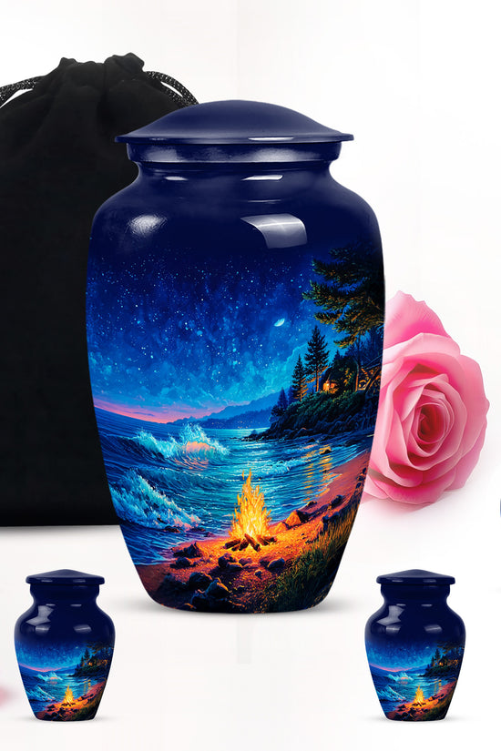 Powder Blue Campfire Cremation Urn top-down view of secure threaded lid - classic sculpted campfire pattern on smooth aluminum - memorial set with one large and four small urns