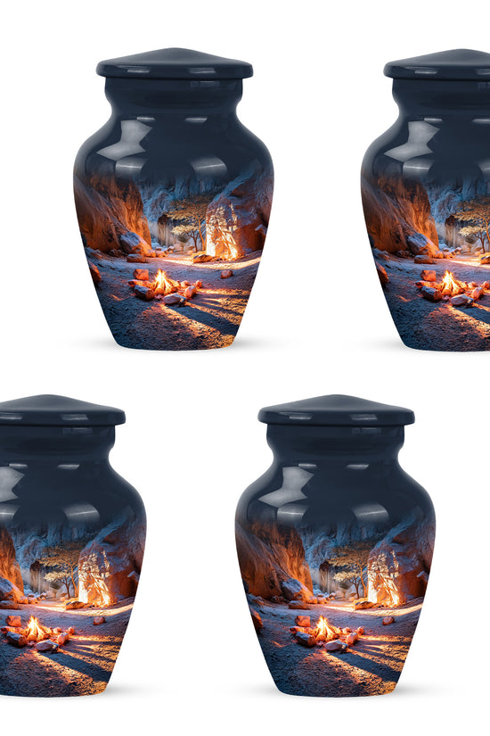 Bright Blue Campfire Cremation Urn side profile showing urn shape - traditional campfire engraving with hand-polished finish - 10 inch aluminum urn for cremated remains