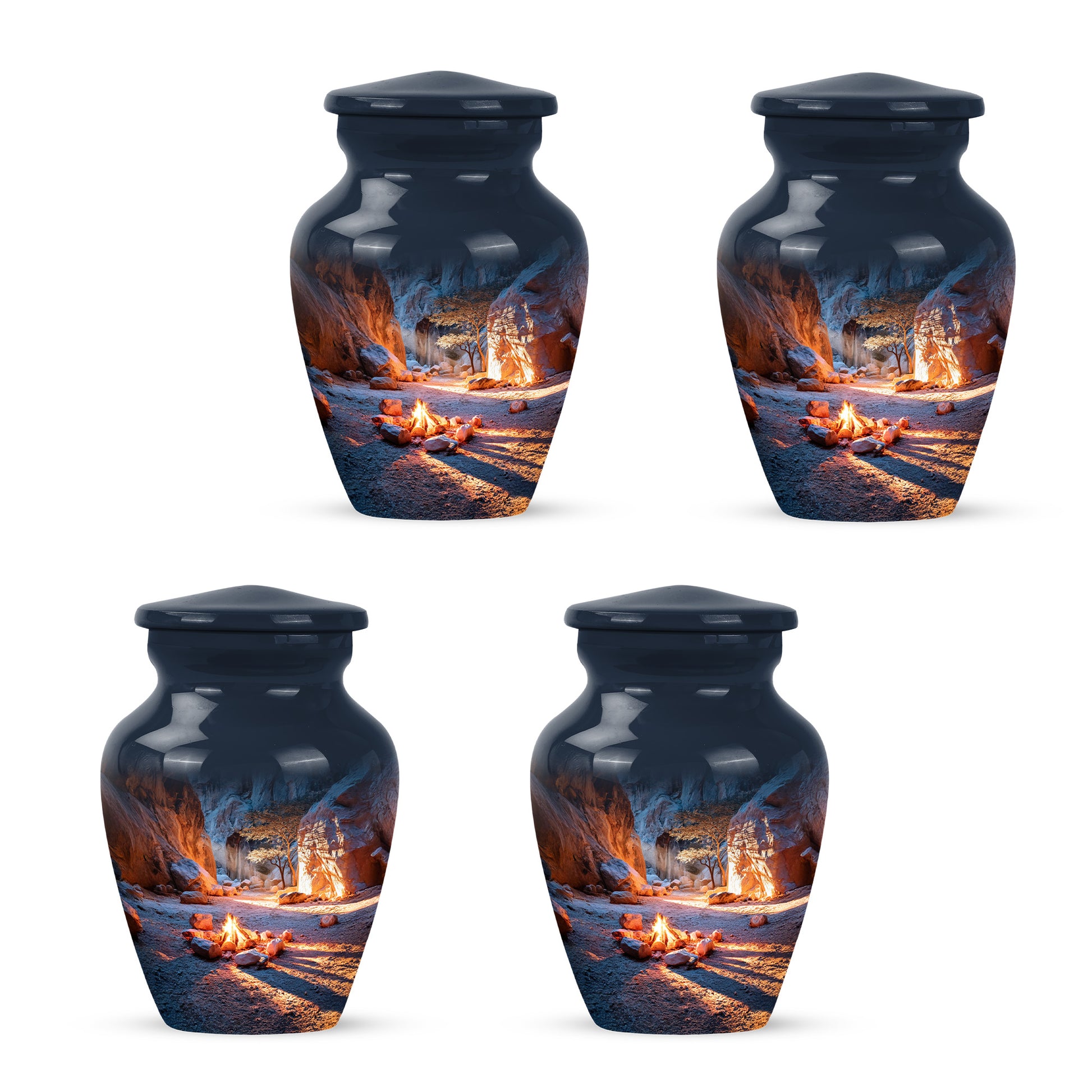 Bright Blue Campfire Cremation Urn side profile showing urn shape - traditional campfire engraving with hand-polished finish - 10 inch aluminum urn for cremated remains