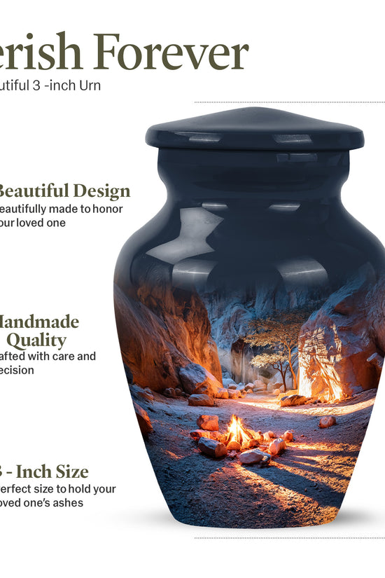 Celestial Blue Campfire Cremation Urn close-up of engraving and surface detail - timeless campfire motif etched into premium metal - mini keepsake memorial for portion of cremation ashes