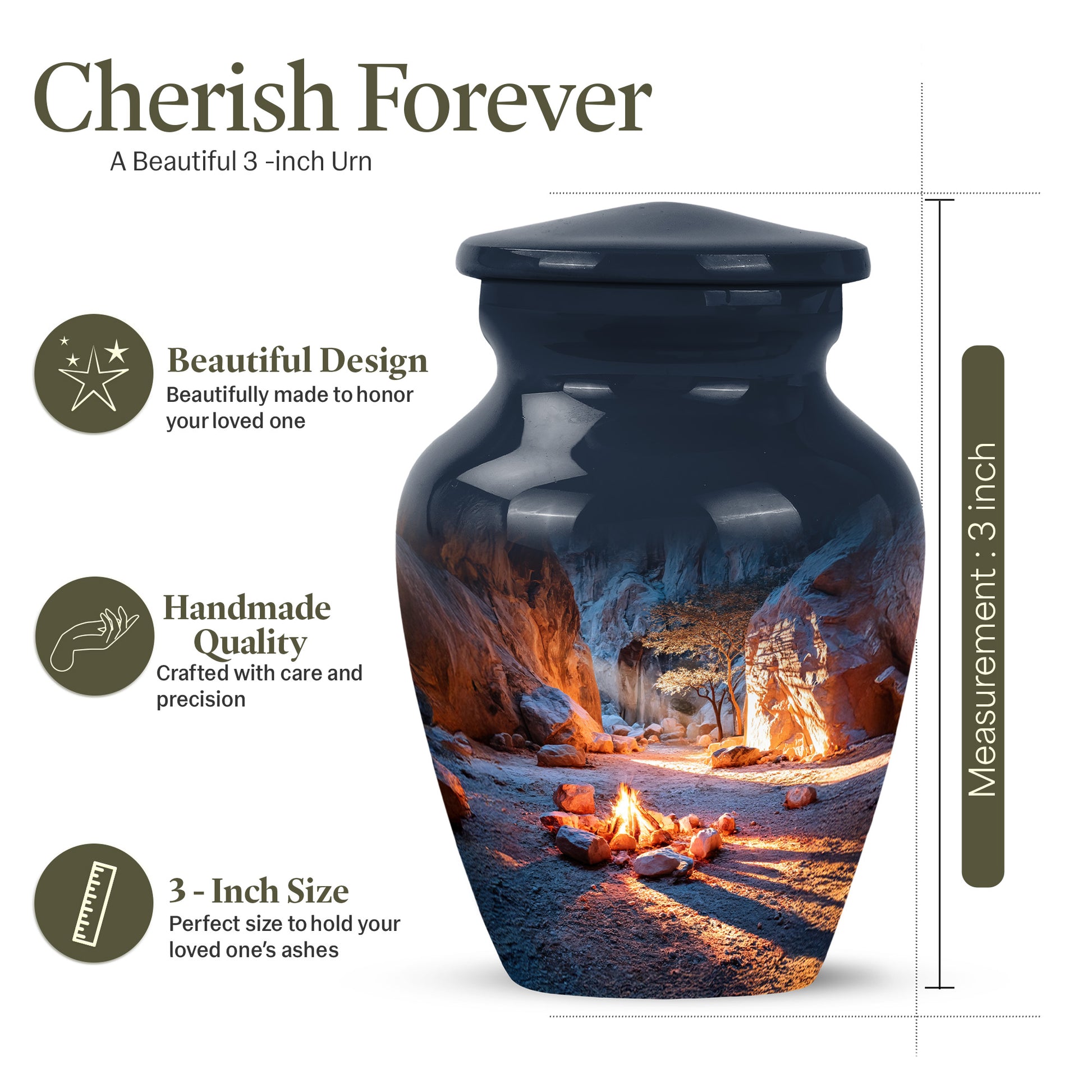 Celestial Blue Campfire Cremation Urn close-up of engraving and surface detail - timeless campfire motif etched into premium metal - mini keepsake memorial for portion of cremation ashes