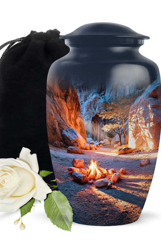 Powder Blue Campfire Cremation Urn angled view of lid and engraved motif - classic sculpted campfire pattern on smooth aluminum - full-size 10 inch 200 cubic inch adult cremation urn