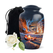 Powder Blue Campfire Cremation Urn angled view of lid and engraved motif - classic sculpted campfire pattern on smooth aluminum - full-size 10 inch 200 cubic inch adult cremation urn