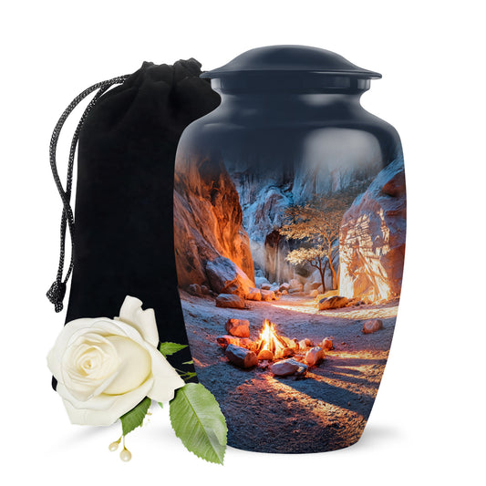Powder Blue Campfire Cremation Urn angled view of lid and engraved motif - classic sculpted campfire pattern on smooth aluminum - full-size 10 inch 200 cubic inch adult cremation urn