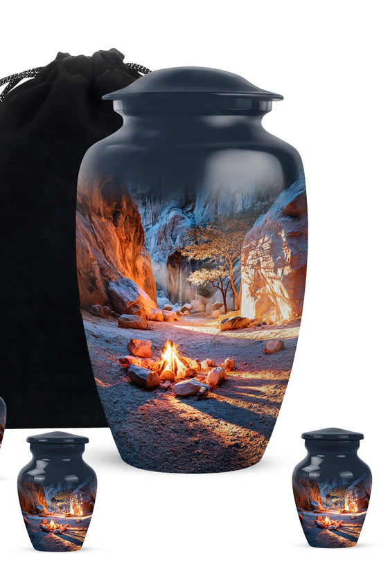 Azure Campfire Cremation Urn top-down view of secure threaded lid - classic sculpted campfire pattern on smooth aluminum - memorial set with one large and four small urns