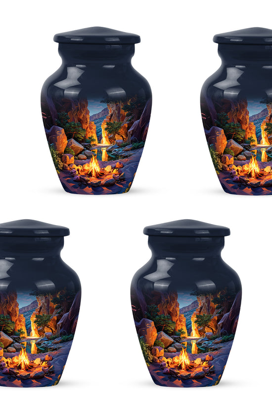 Powder Blue Campfire Cremation Urn side profile showing urn shape - classic sculpted campfire pattern on smooth aluminum - 10 inch aluminum urn for cremated remains